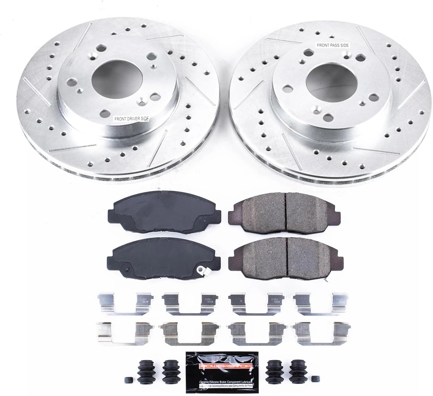 PowerStop Front Brake Kit for Honda Civic 2006-11 - Drilled and Slotted Disc Rotors with Carbon-Fiber Ceramic Brake Pads Replacement, K2384