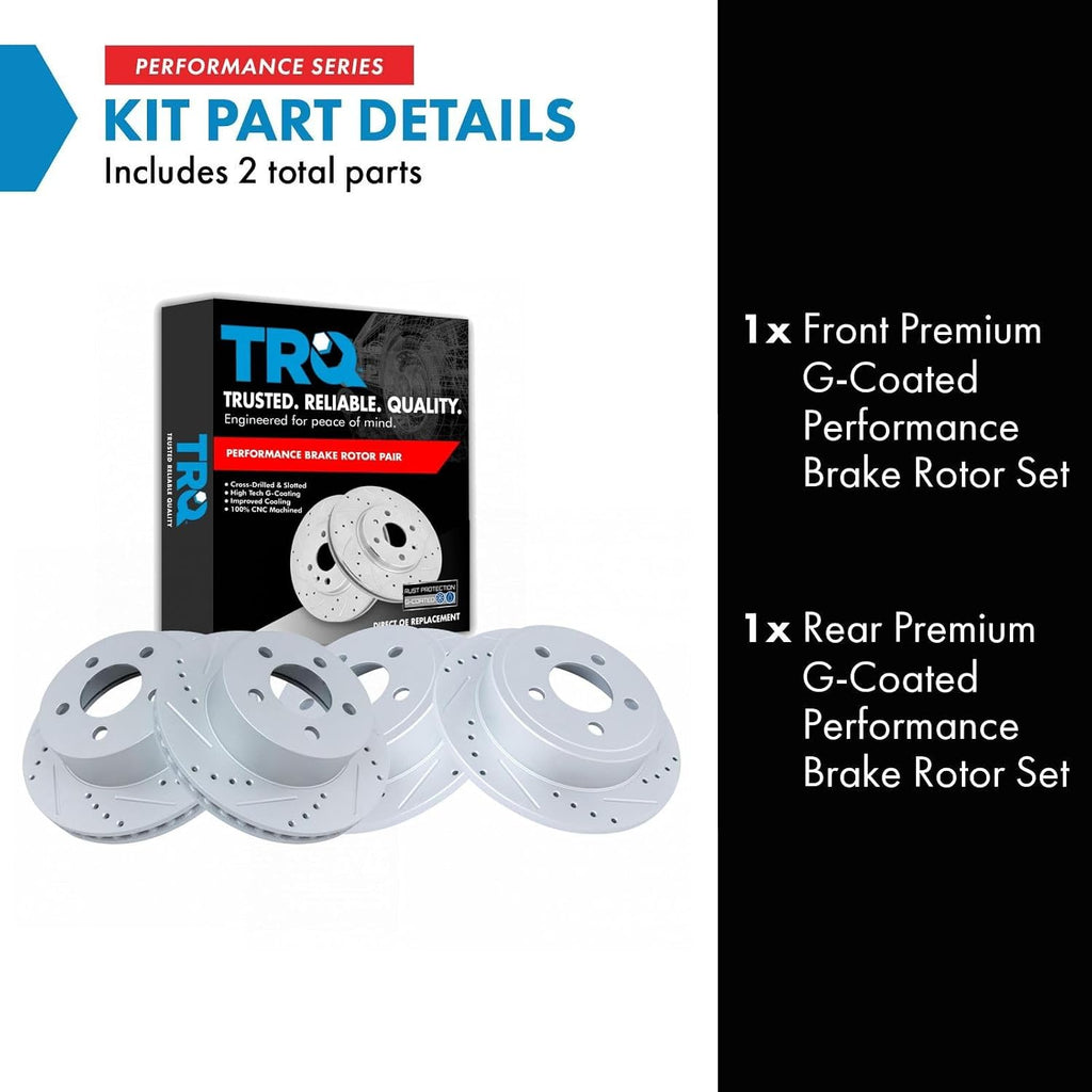 TRQ Performance Front and Rear Brake Rotor Set G Coated Drilled and Slotted Compatible with 2003-2006 Jeep Wrangler