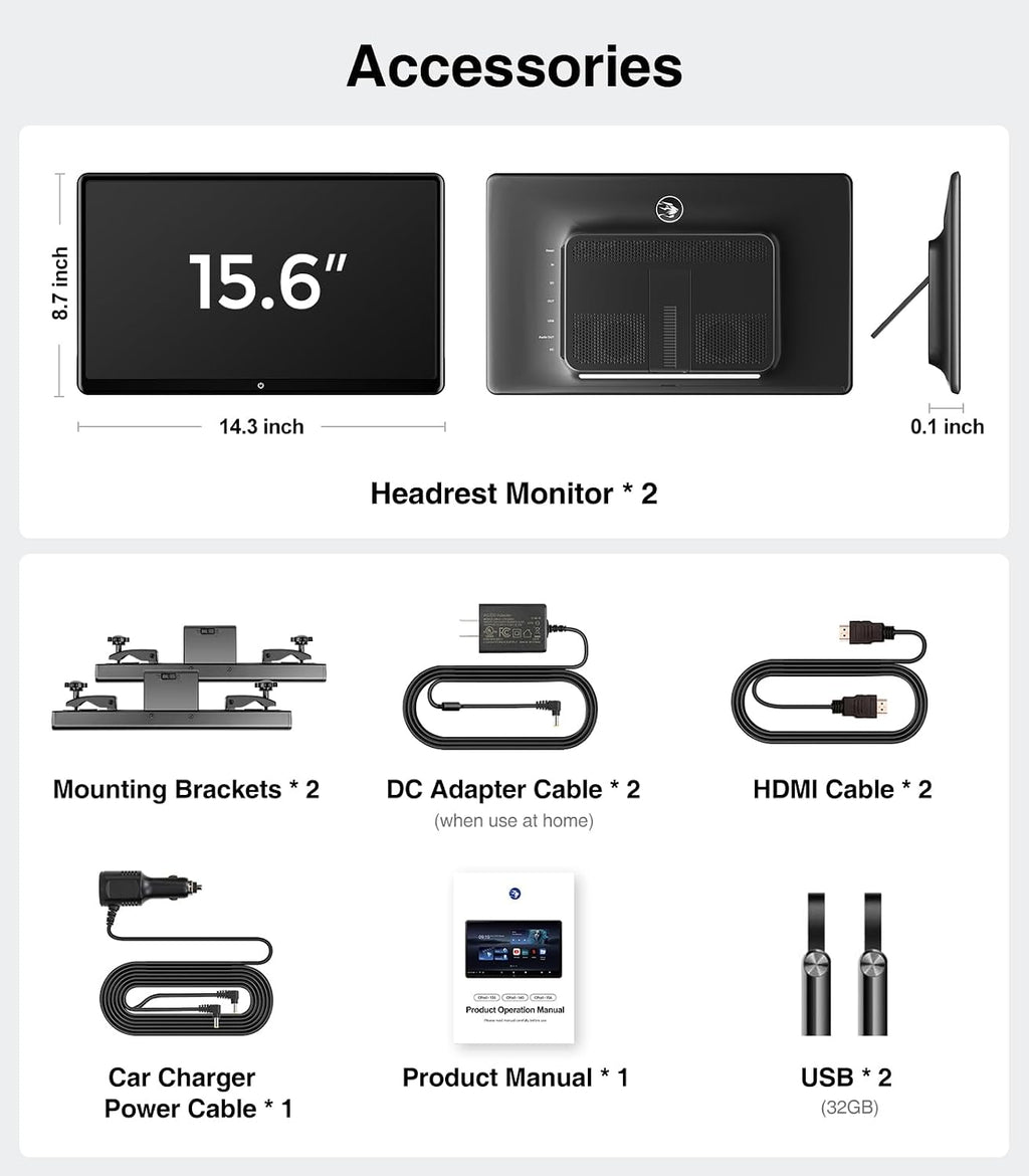 15.6inch Android 13 Headrest Monitor Car TV Touchscreen Entertainment System for Backseat,Support Phone Wireless Mirroring Sync Screen HDMI Bluetooth USB SD 4K Video Playback (2G+32G(2PCS))