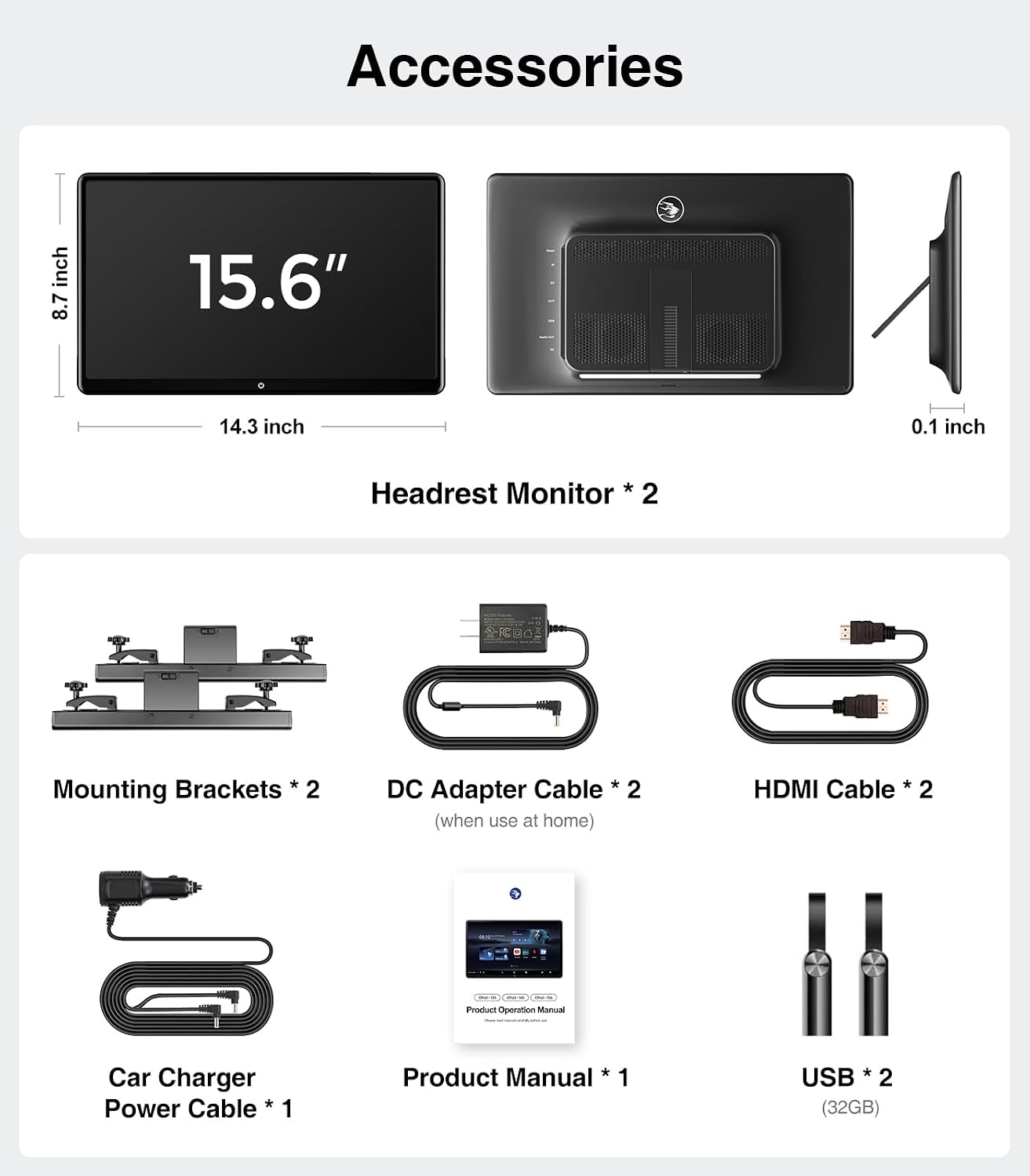 15.6inch Android 13 Headrest Monitor Car TV Touchscreen Entertainment System for Backseat,Support Phone Wireless Mirroring Sync Screen HDMI Bluetooth USB SD 4K Video Playback (2G+32G(2PCS))