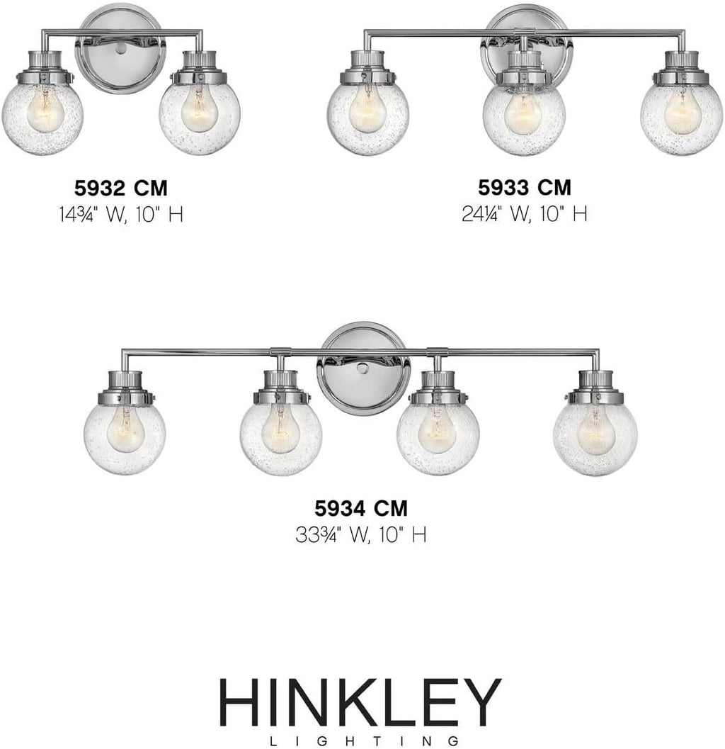 Hinkley Poppy 5932CM Small Two Light Bathroom Vanity Fixture, Mid-Century Modern, Clear Seedy Glass Globe, Chrome