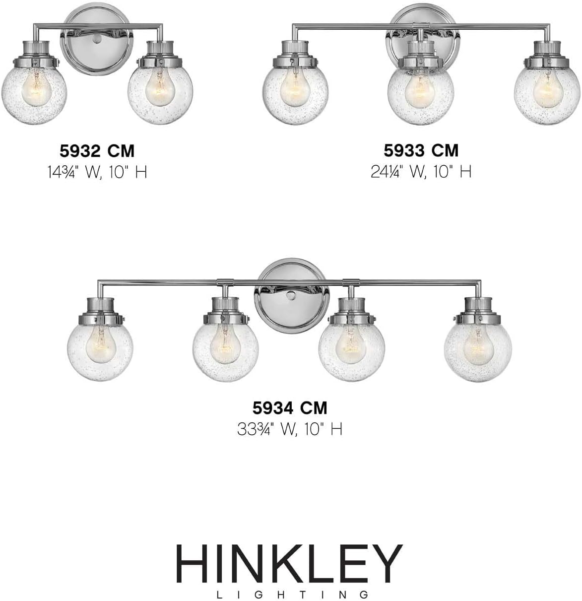 Hinkley Poppy 5932CM Small Two Light Bathroom Vanity Fixture, Mid-Century Modern, Clear Seedy Glass Globe, Chrome