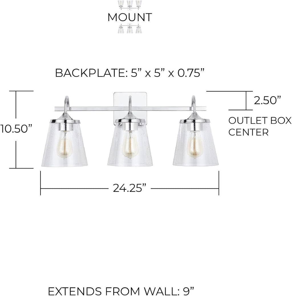 Capital Lighting 139132CH-496 Jayne Mid-Century seeded Cone Glass Bath Vanity Wall Mount, 3-Light 300 Total Watts, 11' H x 24' W, Chrome