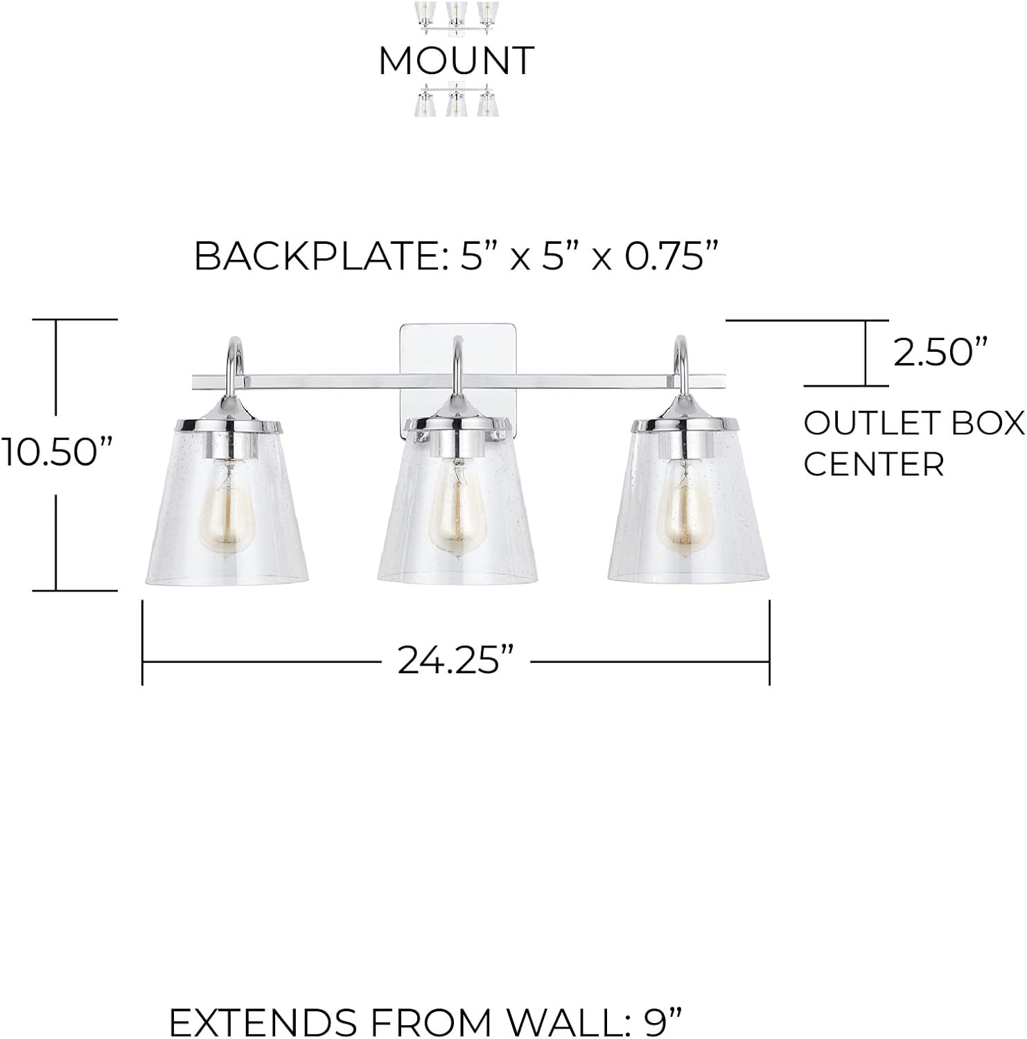 Capital Lighting 139132CH-496 Jayne Mid-Century seeded Cone Glass Bath Vanity Wall Mount, 3-Light 300 Total Watts, 11' H x 24' W, Chrome
