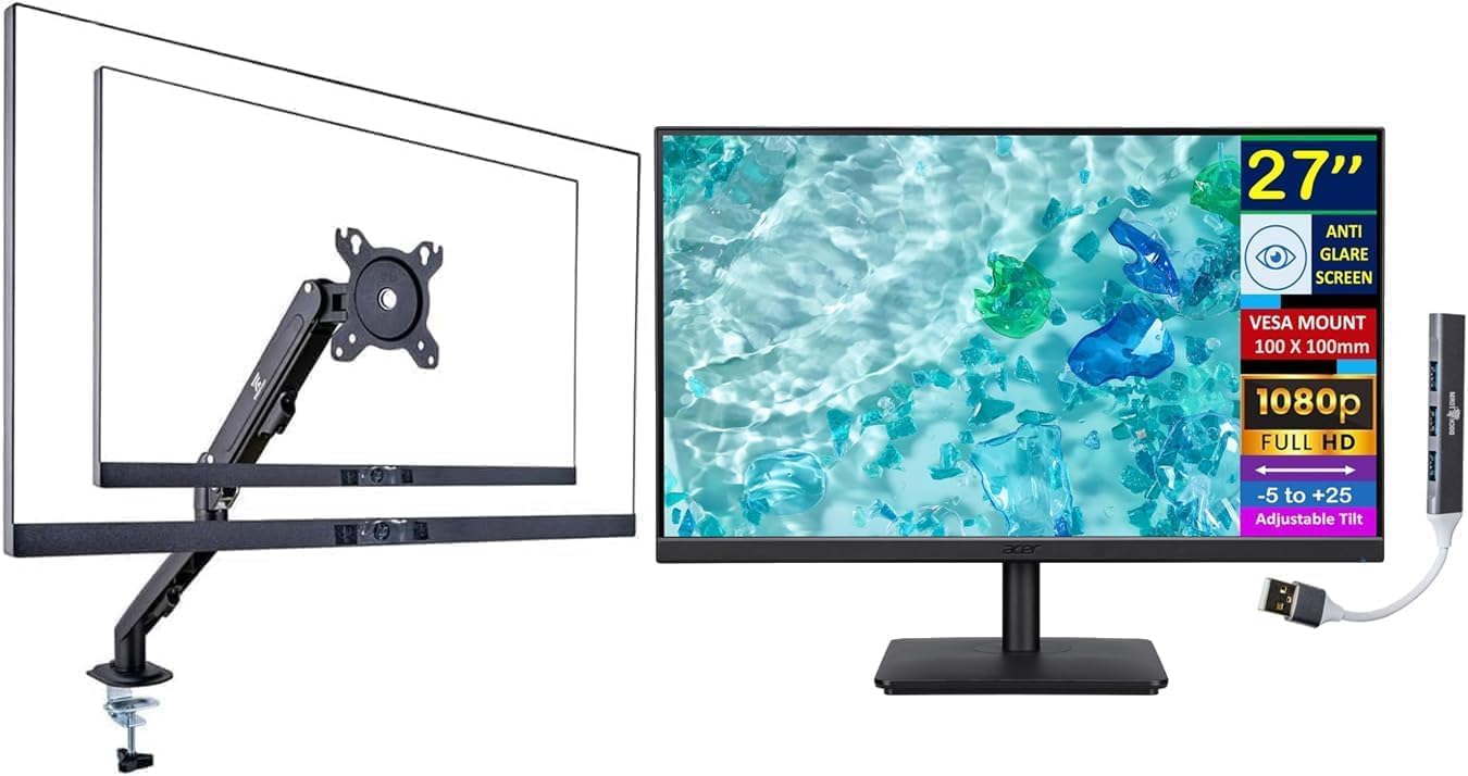 Acer 27' FHD IPS Monitor with 4ms Response Time, 250 nits Brightness, Anti-Glare, VESA Mount (100 x 100mm), VGA, HDMI & Black Color with DKZ Hub & ErgoFlexy Single Monitor Mount