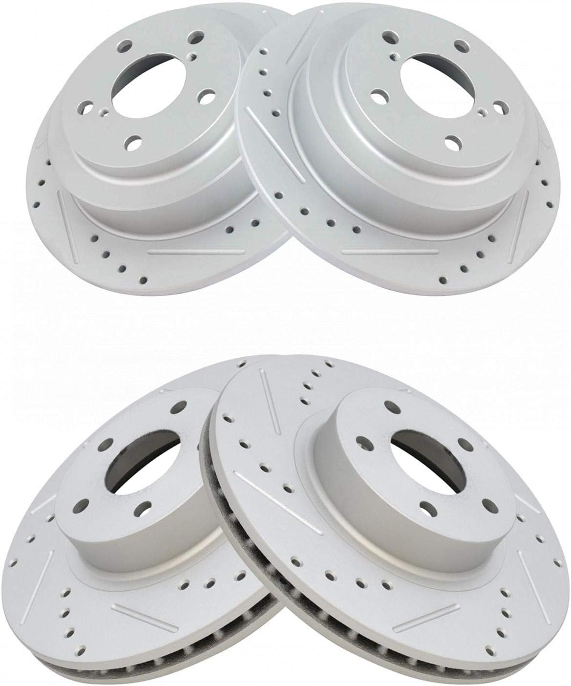 TRQ Performance Front and Rear Brake Rotor Set G Coated Drilled and Slotted Vented Solid Compatible with 2005-2006 Saab 9-2X 1998-2002 Subaru Forester 1997-2007 Impreza 1995-1999 Legacy