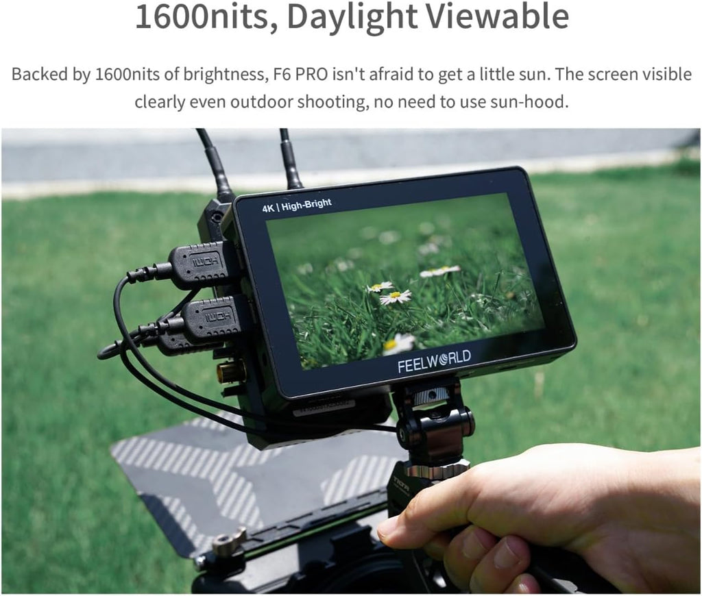 FEELWORLD F6 Pro +NP-F970 Battery, Charger, Storage Case kit, 5.5 Inch 4K HDMI Touch Screen On-Camera Monitor 1600nits High Bright FHD 1920x1080 Filed Monitor with F970 External Install and Power kit