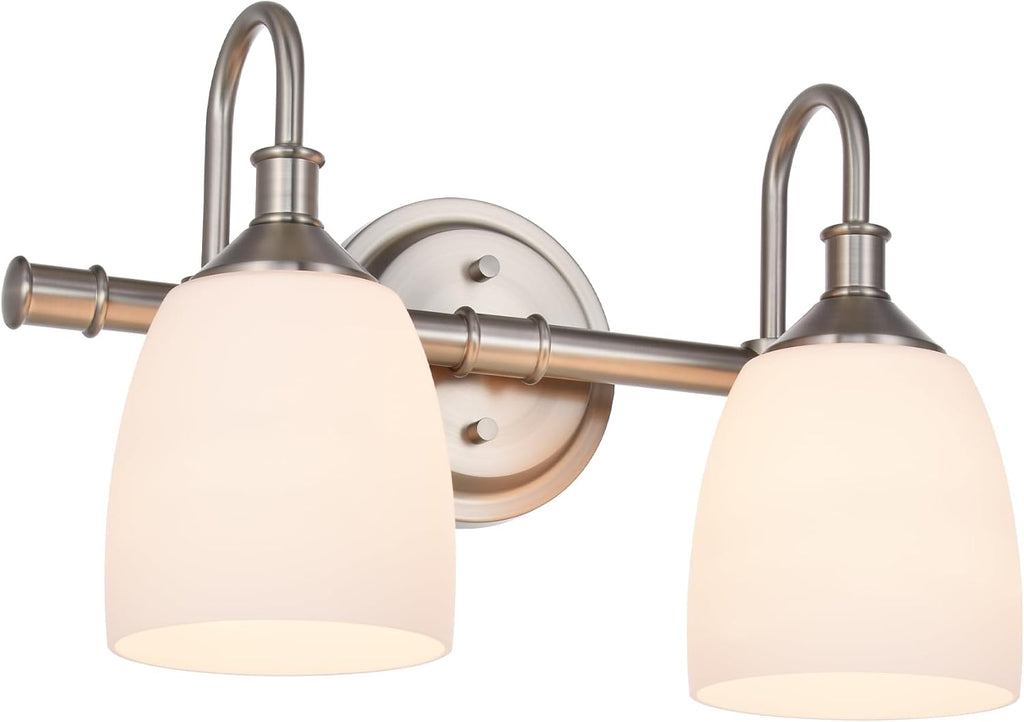 2-Light Bathroom Vanity Light Fixtures Over Mirror, Vintage Vanity Lights for Living Room, Milk White Glass Shades, Standard E26 Base, Brushed Nickel
