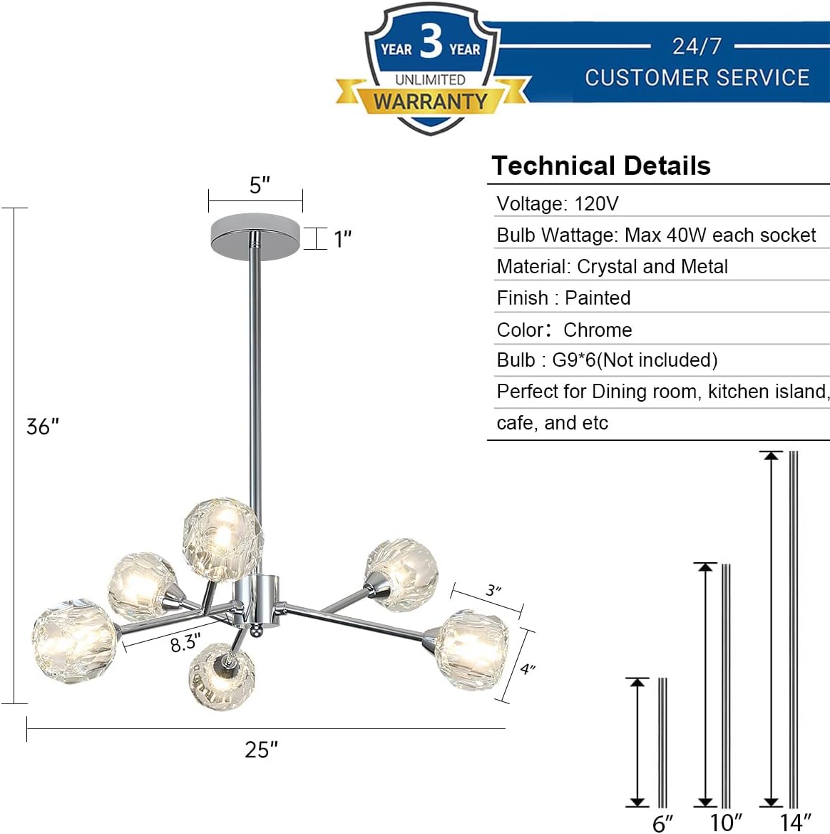 Weesalife Sputnik Chandeliers for Dining Room Light Fixture Over Table, Modern Crystal Chandeliers, 6 Lights Chrome Lighting Fixtures for Living Room Bedroom Kitchen Island