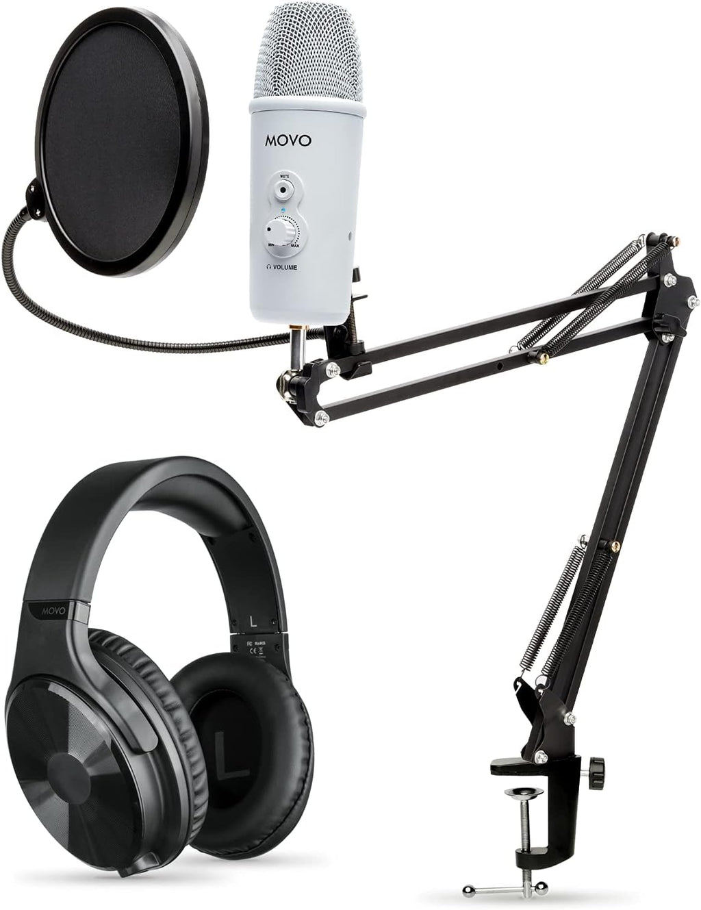 Movo Desktop Microphone Podcast Kit with Studio Headphones, Mount, and Mic Shield - USB-C Android and Computer Microphone for Streaming, Podcasts - Over Ear Headphones Wired for 6.35mm, 3.5mm Input