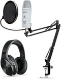 Movo Desktop Microphone Podcast Kit with Studio Headphones, Mount, and Mic Shield - USB-C Android and Computer Microphone for Streaming, Podcasts - Over Ear Headphones Wired for 6.35mm, 3.5mm Input