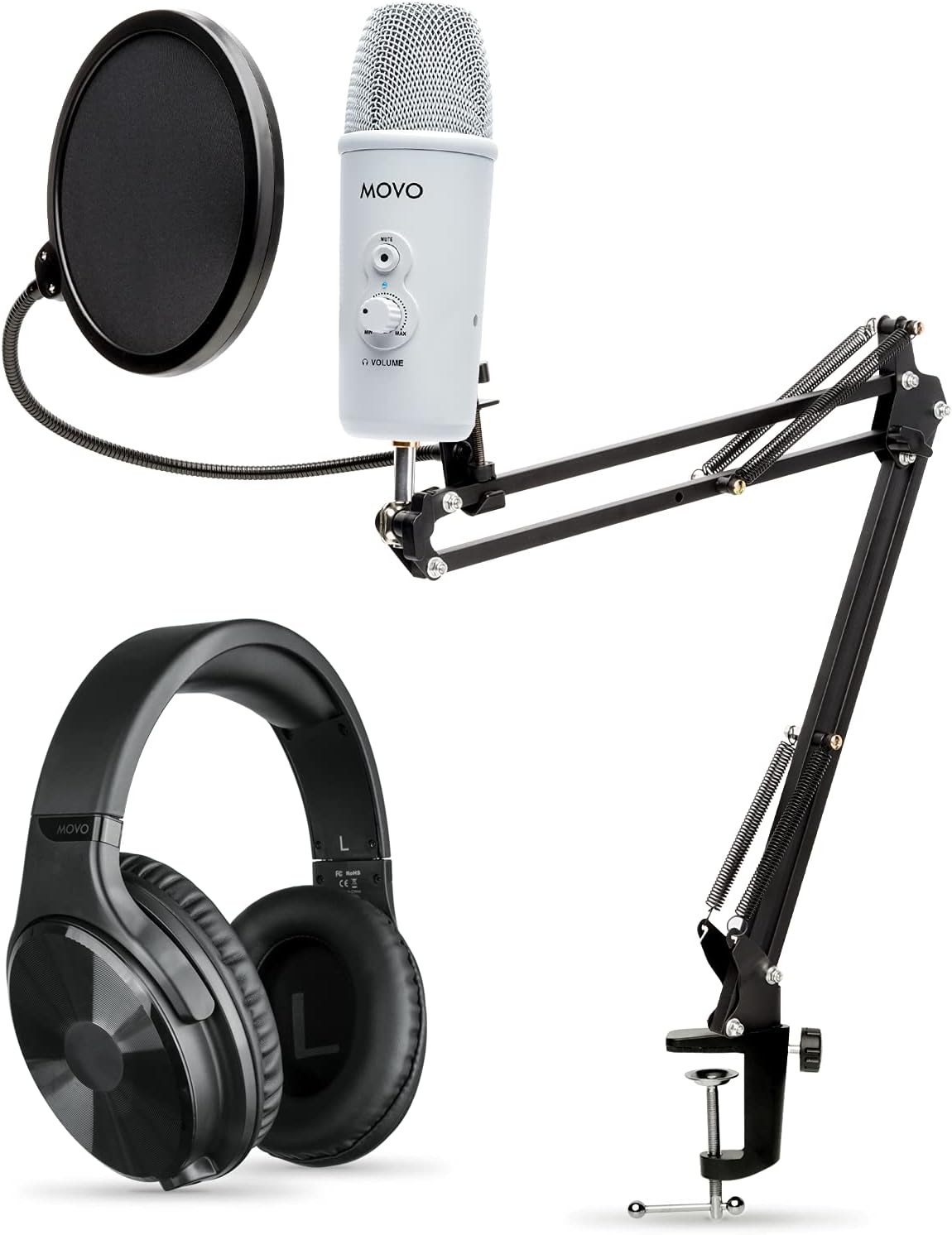 Movo Desktop Microphone Podcast Kit with Studio Headphones, Mount, and Mic Shield - USB-C Android and Computer Microphone for Streaming, Podcasts - Over Ear Headphones Wired for 6.35mm, 3.5mm Input
