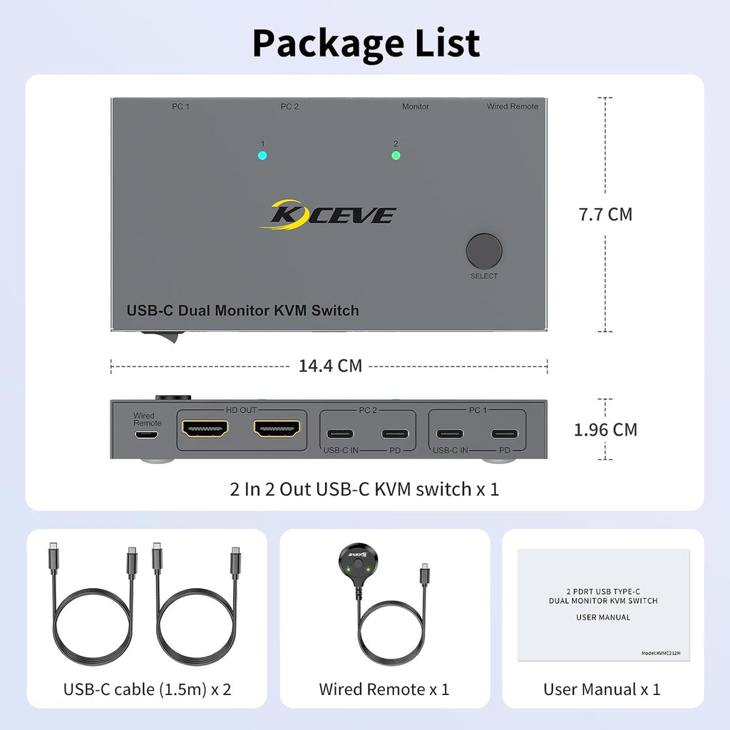 USB C KVM Switch for 2 Monitors 2 Laptops, Reyoten Dual Monitor USB Type-C KVM Switcher with PD Charging Function, Supports 4K@60Hz for 2 PCs, No Driver Required