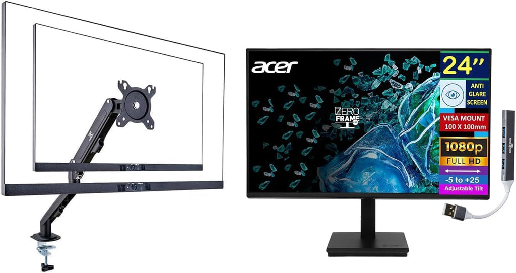 Acer Vero V7 V247 Gbmipx 24' FHD IPS Monitor with 4ms Response Time, Anti-Glare, VESA Mount (100 x 100mm), VGA, HDMI & Black Color (UM.QV7AA.G05) with DKZ Hub & ErgoFlexy Single Monitor Mount