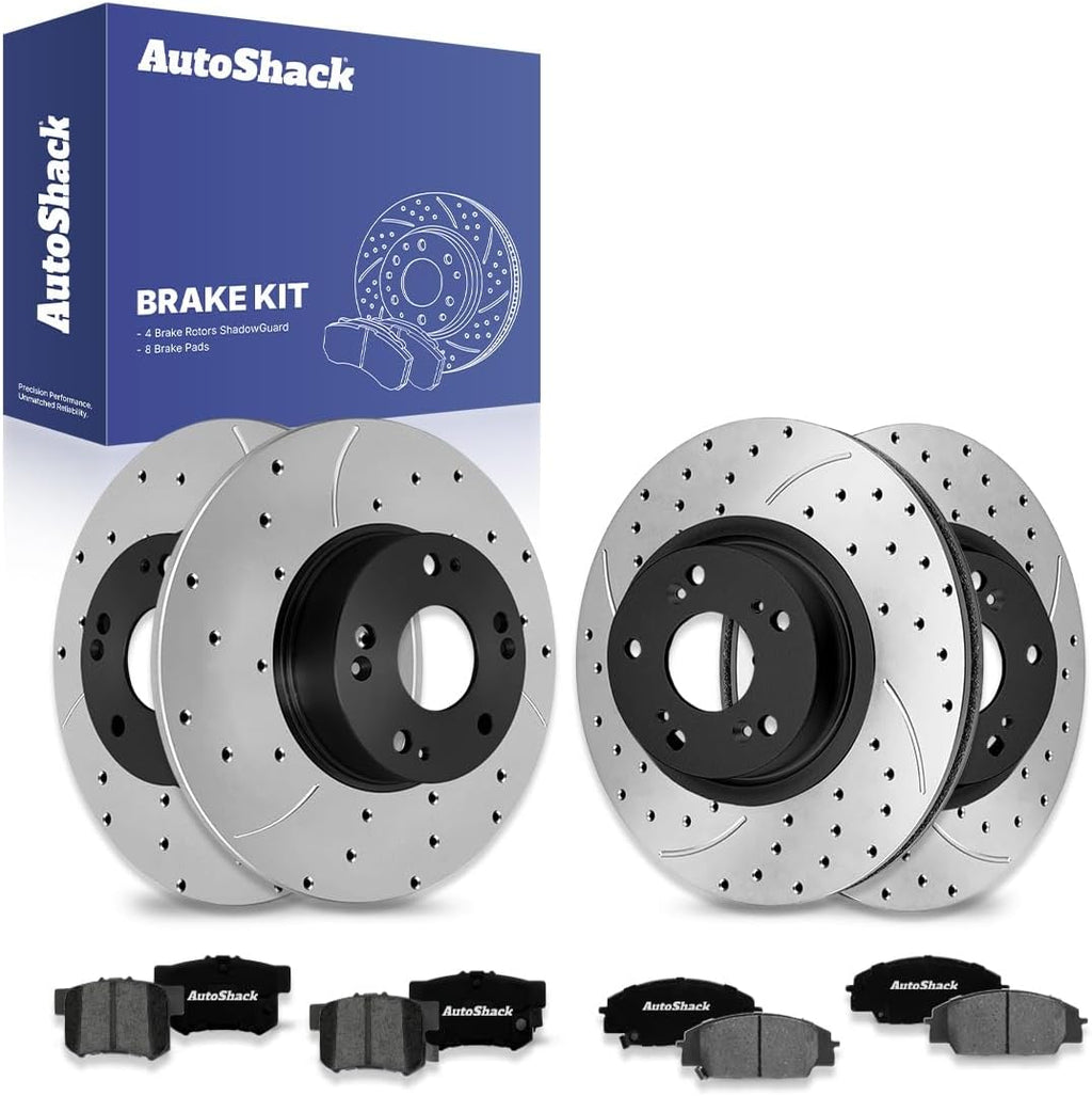 AutoShack Front & Rear Brake Rotors & Premium Pads for Honda & Acura, Civic 2006-2011 CSX 2007-2010, FWD L4 2.0L - E-Coated Drilled & Slotted - ShadowGuard