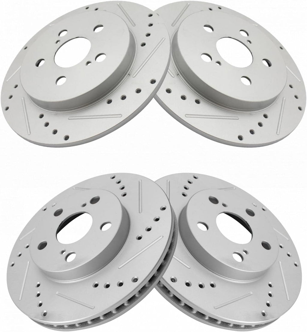 TRQ Performance Front and Rear Brake Rotor Set G Coated Drilled and Slotted Compatible with 2011-2013 Lexus CT200h 2010-2015 Toyota Prius 2012-2015 Prius Plug-In