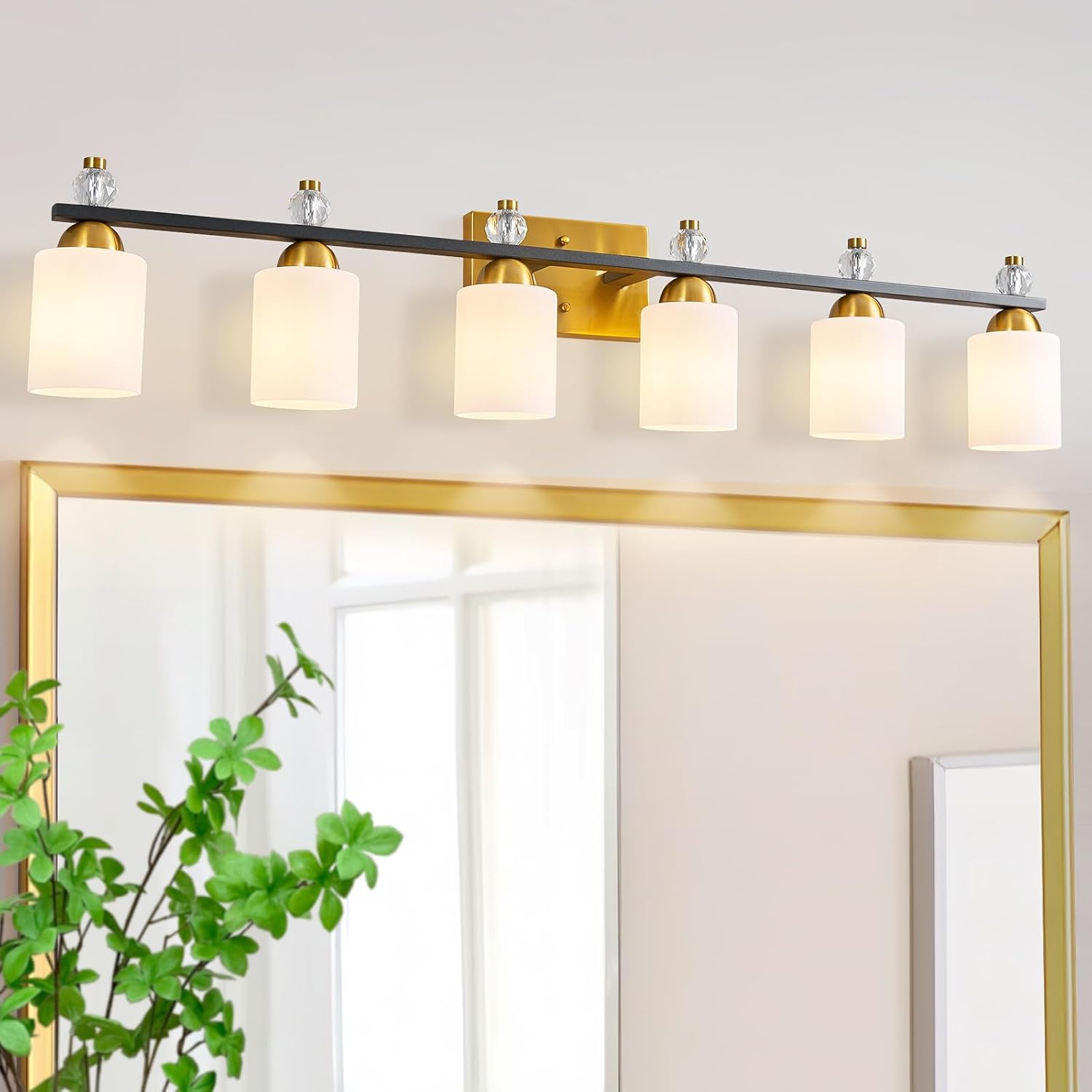 White Glass Bathroom Vanity Light Fixtures 6 Light Mid Century Black Gold Vanity Light Over Mirror Modern Vanity Lights for Bathroom Mirror Hallway E26 Socket (Bulbs Not Included)