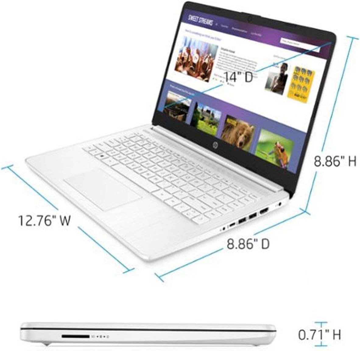 HP 14-dq0032dx 14' HD Notebook Computer, Intel Celeron N4020 1.1GHz, 4GB RAM, 64GB eMMC Flash Memory, Windows 11 Home S Mode, Snowflake White