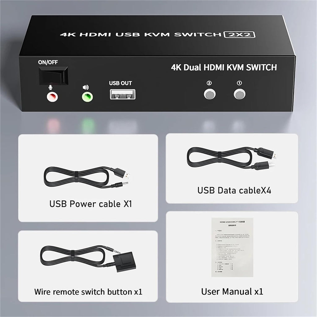 HDMI KVM Switch Dual Monitor 4K 60Hz 2X2 KVM Switch HDMI 2.0 USB DisplayPort for 2 Monitors Extended Mirror Mode(DP HDMI 2X2)