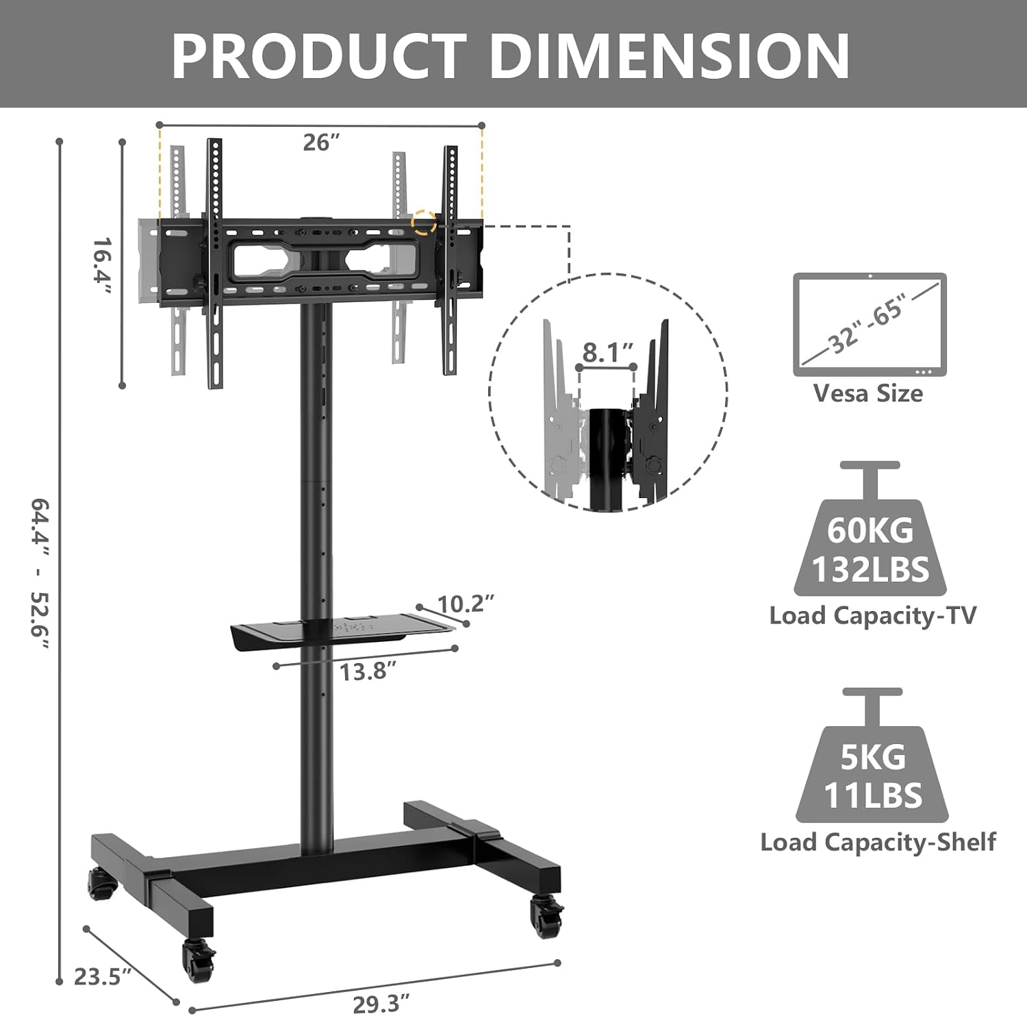TVON Mobile Dual TV Stand for Four 32-65 Inch Plasma LCD LED Smart Flat Panel Curved TV Monitor Screens, Rolling Cart with Wheels, Tilt TV Mount Floor Stand, Hold up to 132 lbs