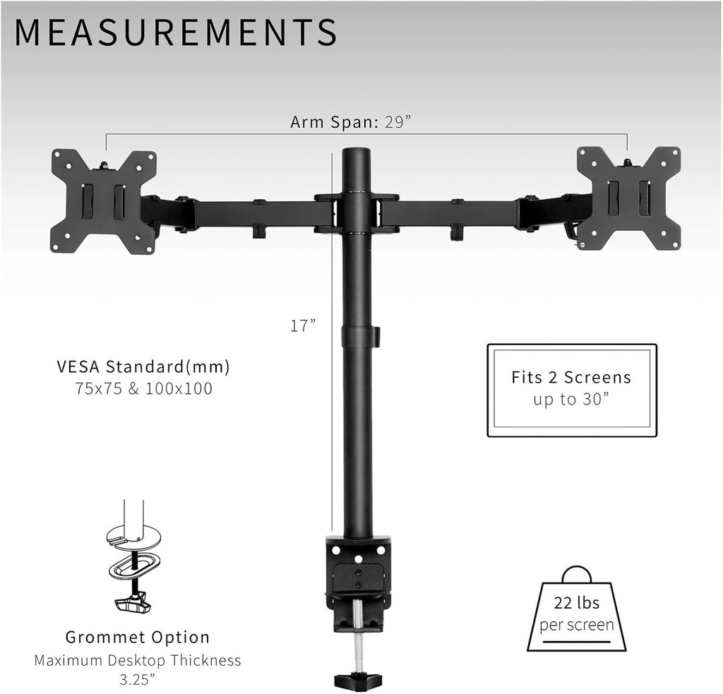 Black Dual Monitor Desk Stand Adjustable Bracket Fits Screens Up to 30 Inches