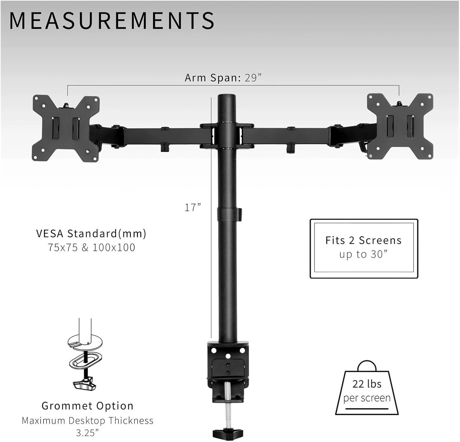 Black Dual Monitor Desk Stand Adjustable Bracket Fits Screens Up to 30 Inches