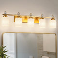 White Glass Bathroom Vanity Light 5 Light Mid Century Gold Bathroom Lighting Fixtures Over Mirror Modern Vanity Lighting Wall Mount for Bathroom Mirror Hallway(Bulbs Not Included)
