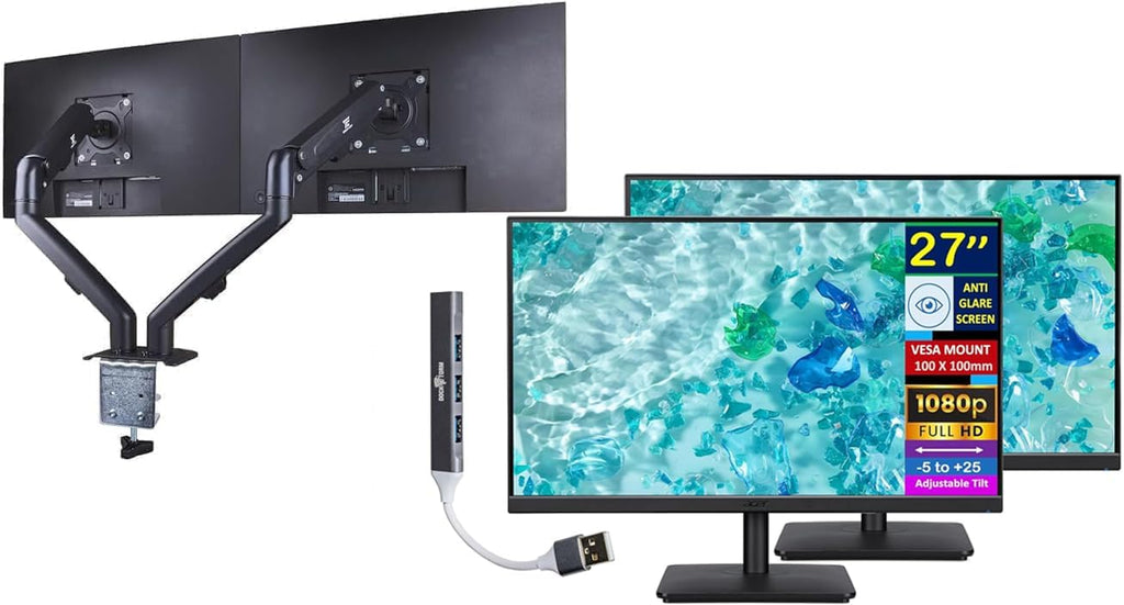 acer Vero V7 V277 Gbmipx 27' FHD IPS Monitor with 4ms Response Time, Anti Glare, VESA Mount (100mm), HDMI, VGA & Black Color (UM.HV7AA.G07) 2 Pack with DKZ Hub & ErgoFlexy Dual Monitor Mount