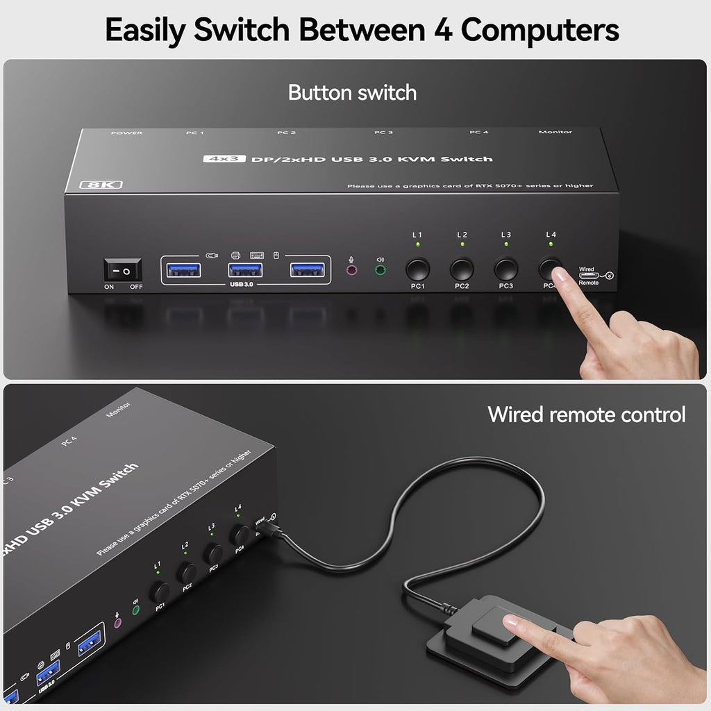 KVM Switch 3 Monitors 4 Computers with Audio, HDMI + DisplayPort 8K@30Hz/4k@144Hz DP KVM Switcher, USB 3.0 KVM Switches for 4 PC Share 3 Display, Suitable for Office/Work from Home, Programmer Setup