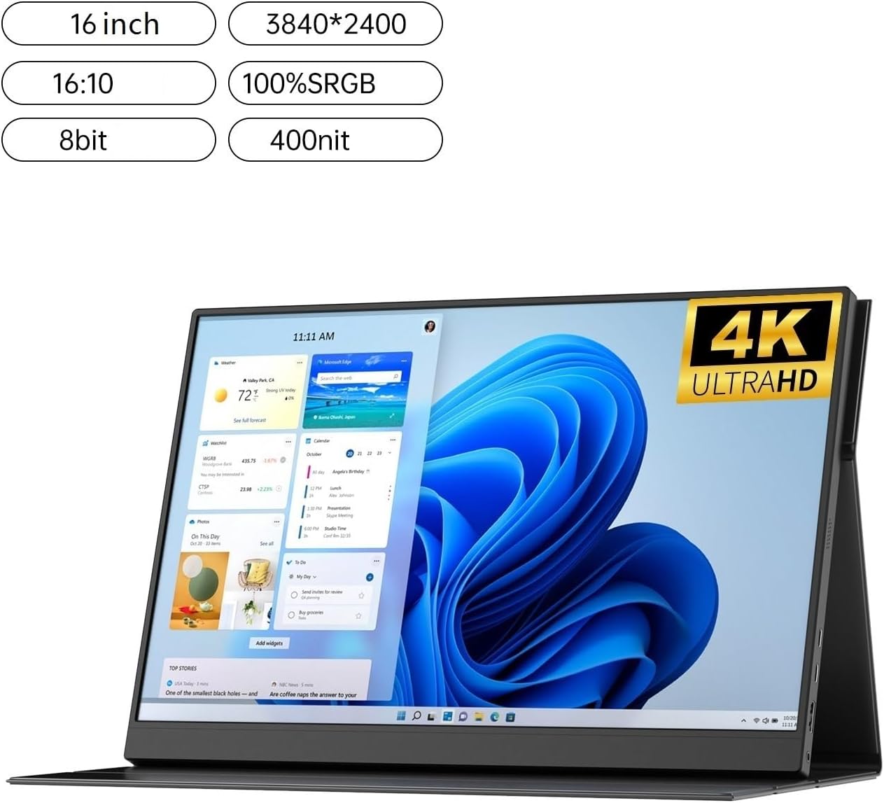 Portable Monitor for Laptop 16-inch 4K HD IPS External Screen 100% SRGB 400nit Brightness Second Portable Portable Gaming Monitor
