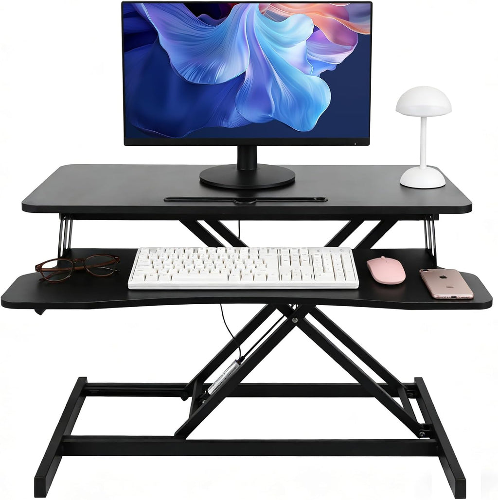 Standing Desk Converter, Height Adjustable Sit to Stand Riser, Dual Monitor and Laptop Workstation with Wide Keyboard Tray, Desk Lifter for Home Office