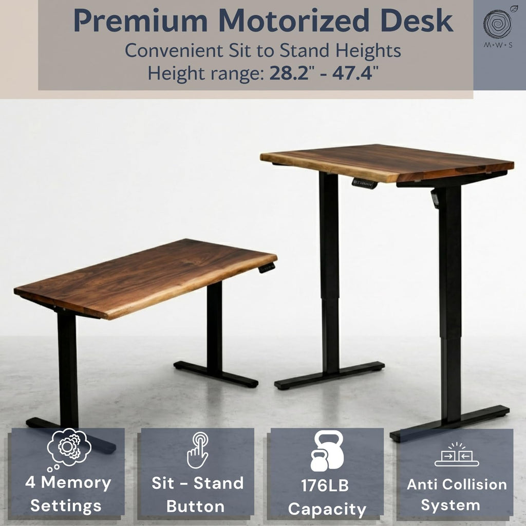 Small Standing Desk – Walnut Solid Wood Desk, Natural Live Edge, Adjustable Height Dual Motor, Sit Stand for Home Office (Black, W38 x D25)