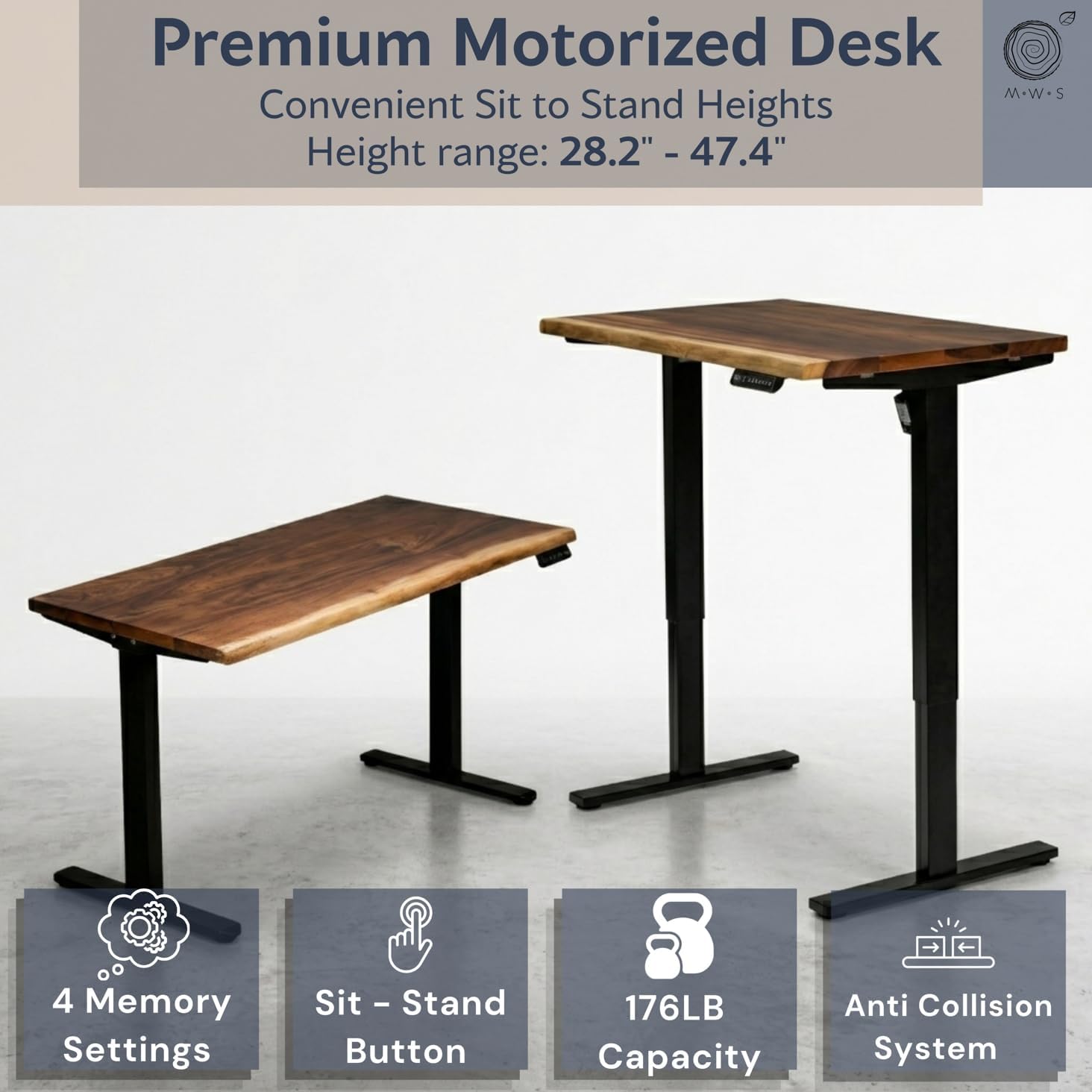 Small Standing Desk – Walnut Solid Wood Desk, Natural Live Edge, Adjustable Height Dual Motor, Sit Stand for Home Office (Black, W38 x D25)
