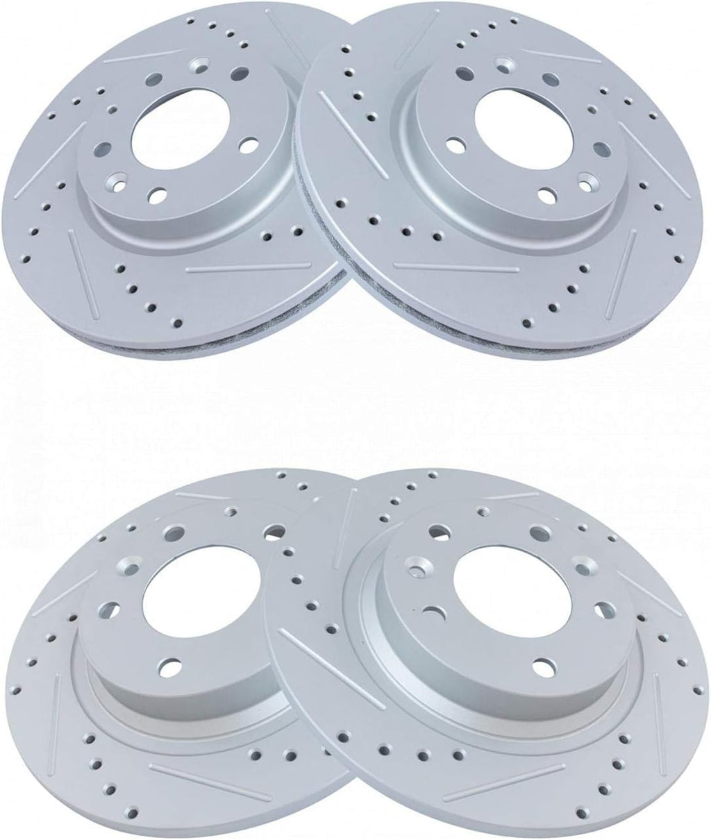 TRQ Performance Front and Rear Brake Rotor Set G Coated Drilled Slotted Vented Solid Compatible with 06-12 Ford Fusion 2006 Lincoln Zephyr 07-12 Lincoln MKZ 06-13 Mazda 6 06-11 Mercury Milan