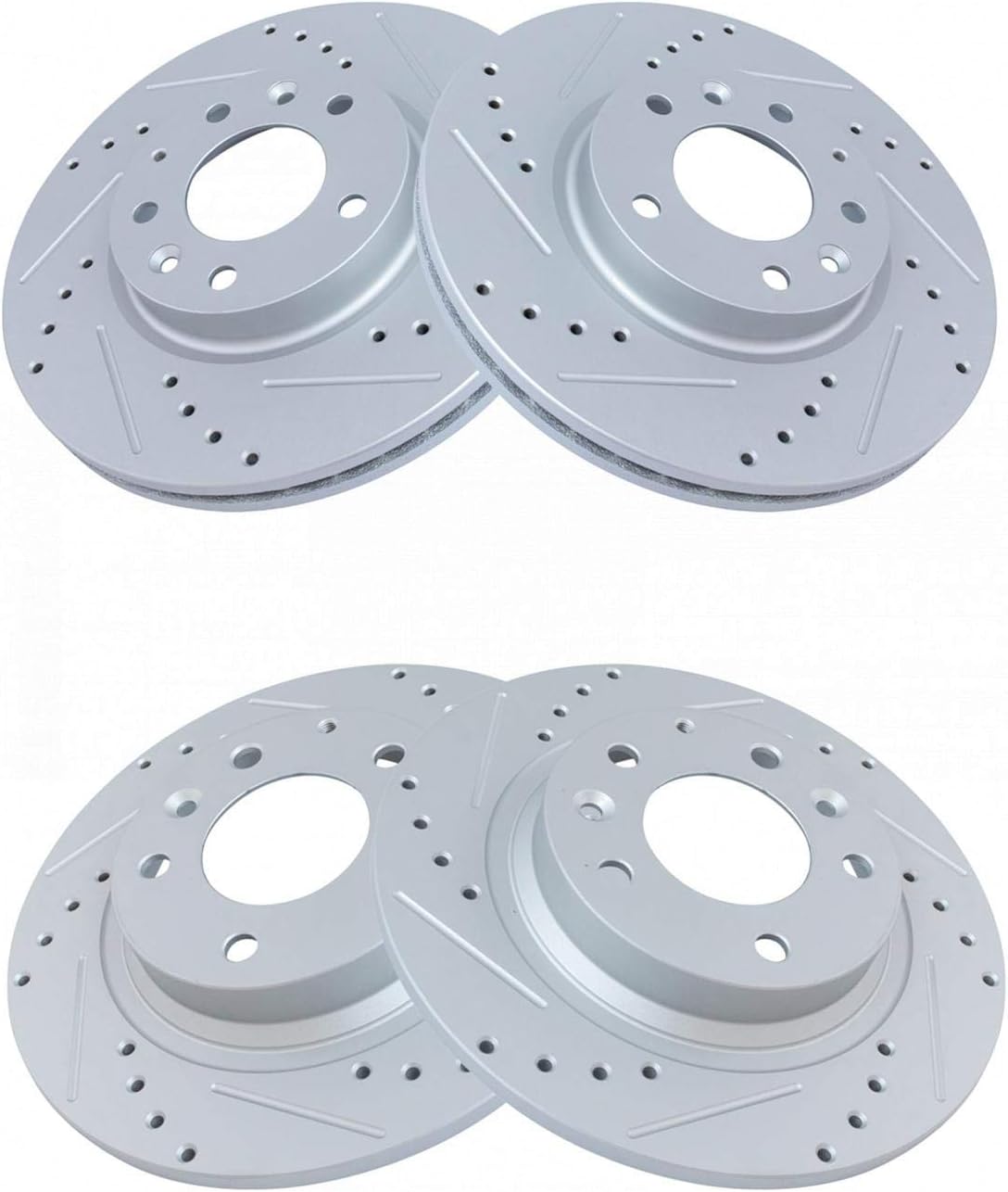 TRQ Performance Front and Rear Brake Rotor Set G Coated Drilled Slotted Vented Solid Compatible with 06-12 Ford Fusion 2006 Lincoln Zephyr 07-12 Lincoln MKZ 06-13 Mazda 6 06-11 Mercury Milan
