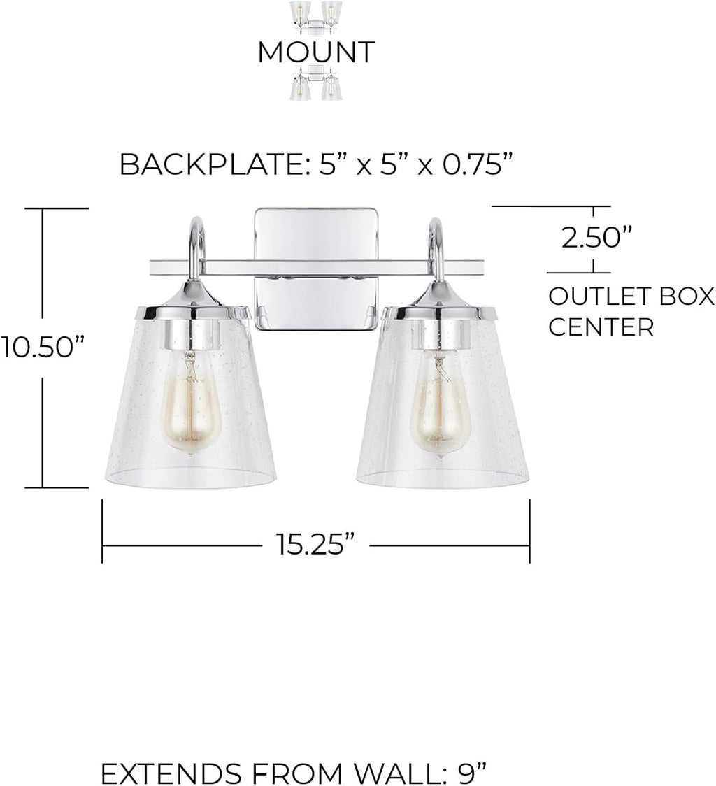 Capital Lighting 139122CH-496 Jayne Mid-Century seeded Cone Glass Bath Vanity Wall Mount, 2-Light 200 Total Watts, 11' H x 15' W, Chrome