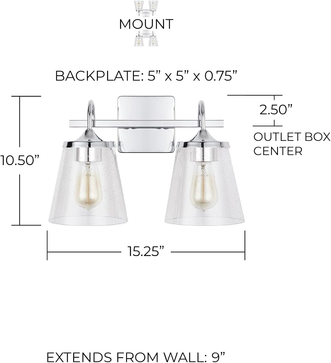 Capital Lighting 139122CH-496 Jayne Mid-Century seeded Cone Glass Bath Vanity Wall Mount, 2-Light 200 Total Watts, 11' H x 15' W, Chrome