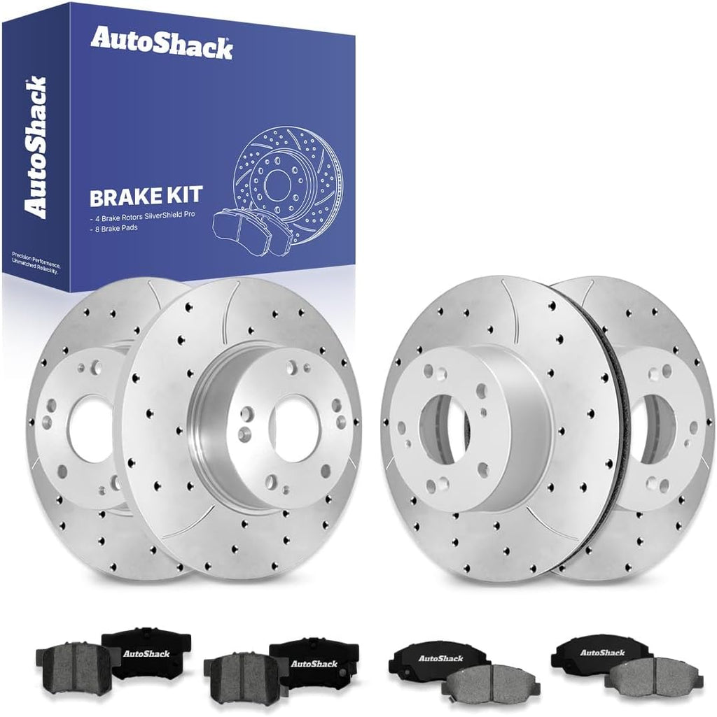 AutoShack Front & Rear Brake Rotors & Premium Pads for Honda, Civic 2006-2011, FWD L4 1.8L - Silver Zinc Coated Drilled & Slotted - SilverShield Pro