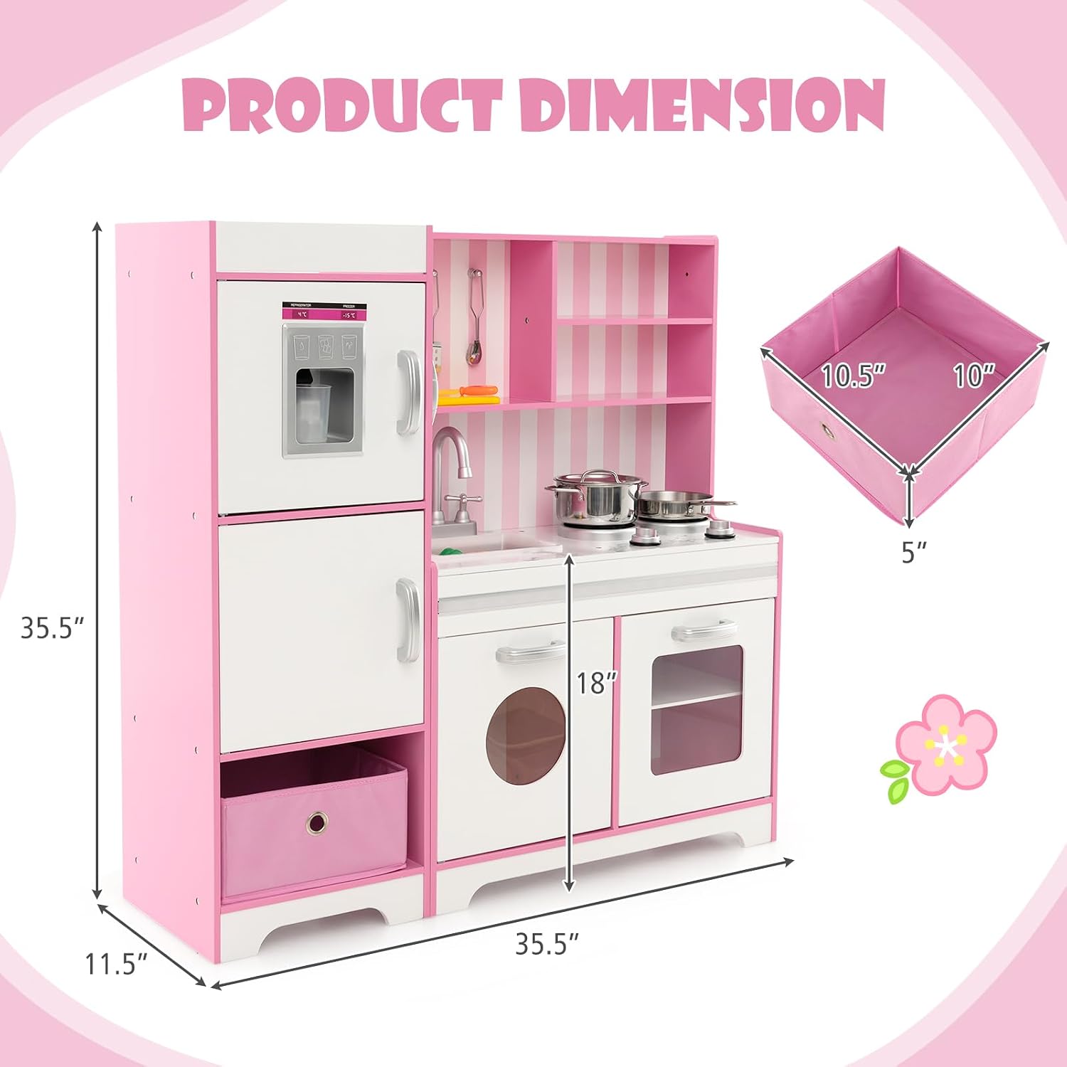 HONEY JOY Kids Kitchen Playset with Lights, Wooden Little Chef Toy Kitchen Set with Storage Bin, Ice Maker & Oven & Stove, Cooking Utensils, Play Kitchen for Toddlers, Gift for Boys Girls, Pink