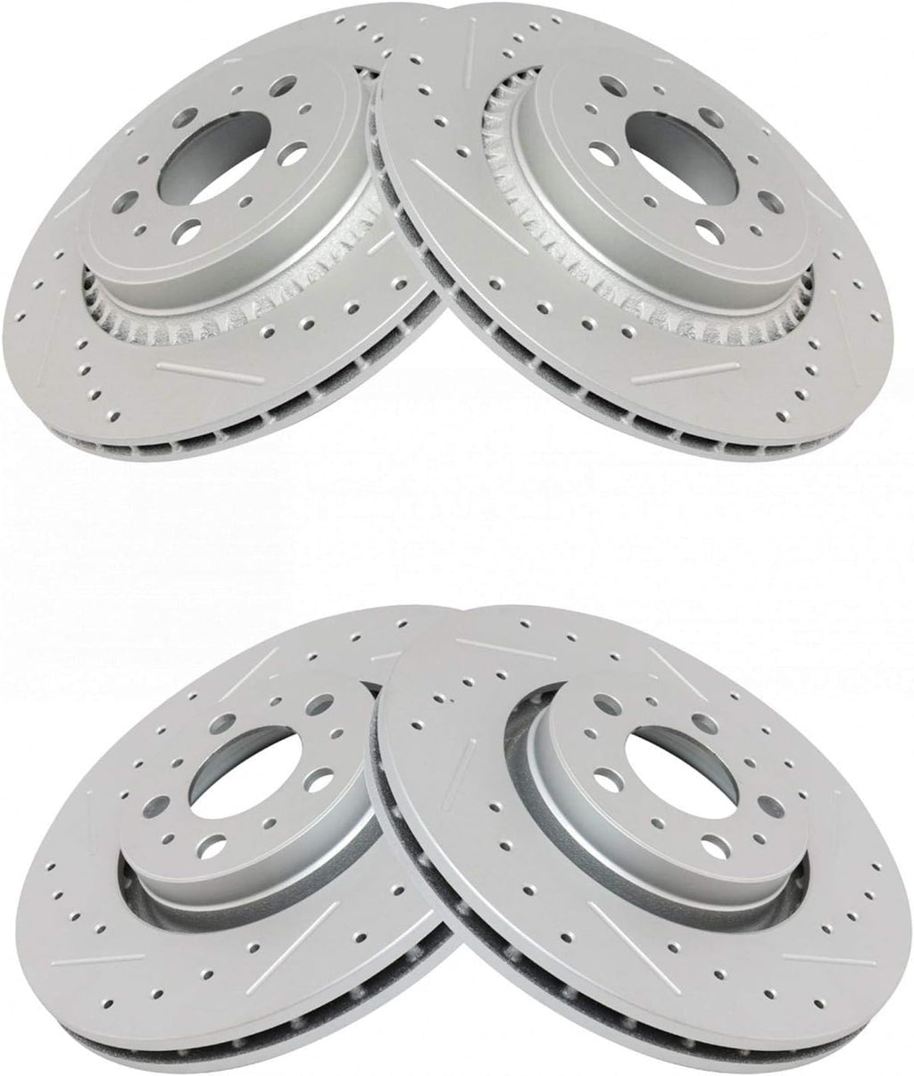 TRQ Front & Rear Brake Rotors Set Performance Premium G-Coated Slotted X Drilled Compatible with 2003-2013 Volvo XC90