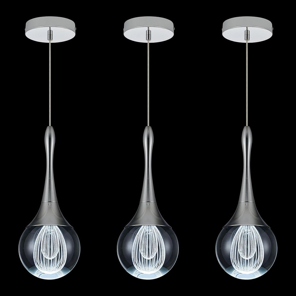 LED Pendant Light Kitchen Island Raindrop Crystal Pendant Lights Dimmable Chrome Modern Hanging Light for Bedroom Bathroom Living Room 6000K Cool White, 3 Pack