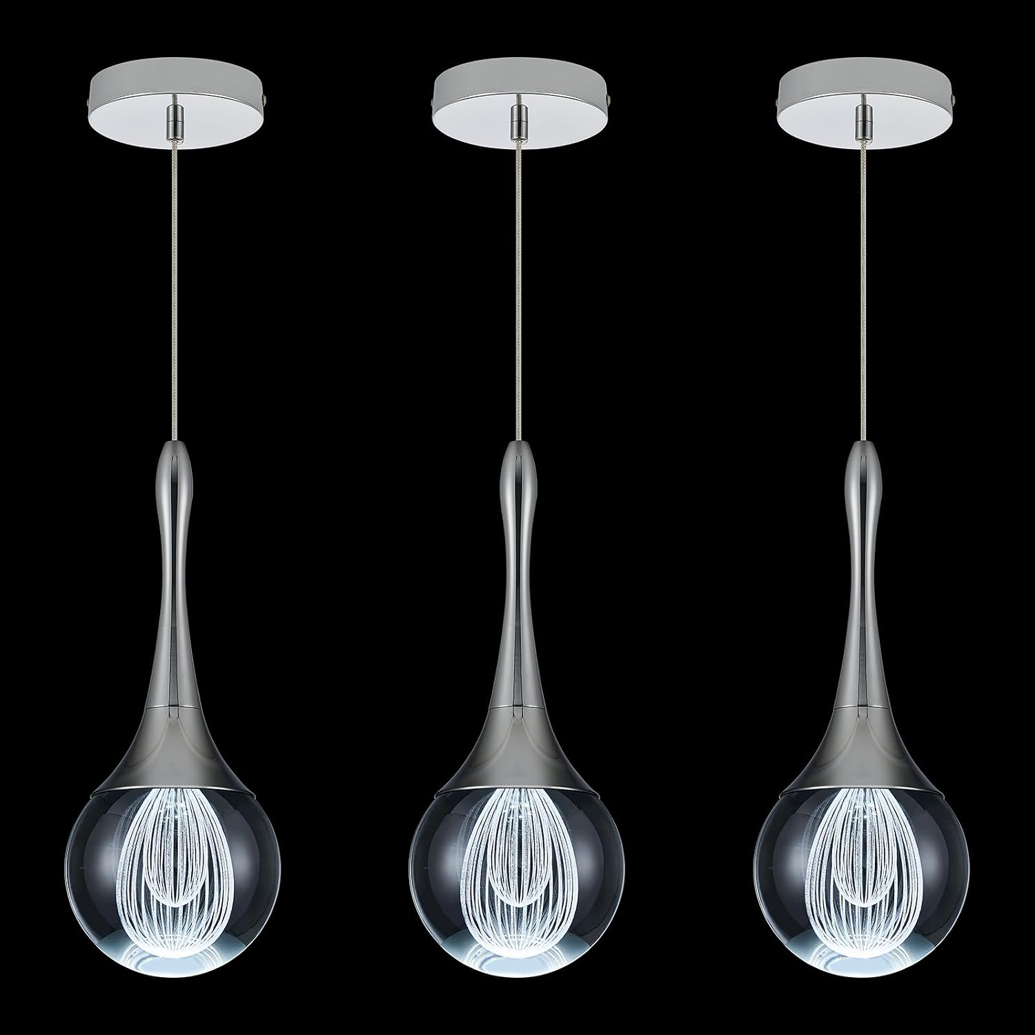 LED Pendant Light Kitchen Island Raindrop Crystal Pendant Lights Dimmable Chrome Modern Hanging Light for Bedroom Bathroom Living Room 6000K Cool White, 3 Pack