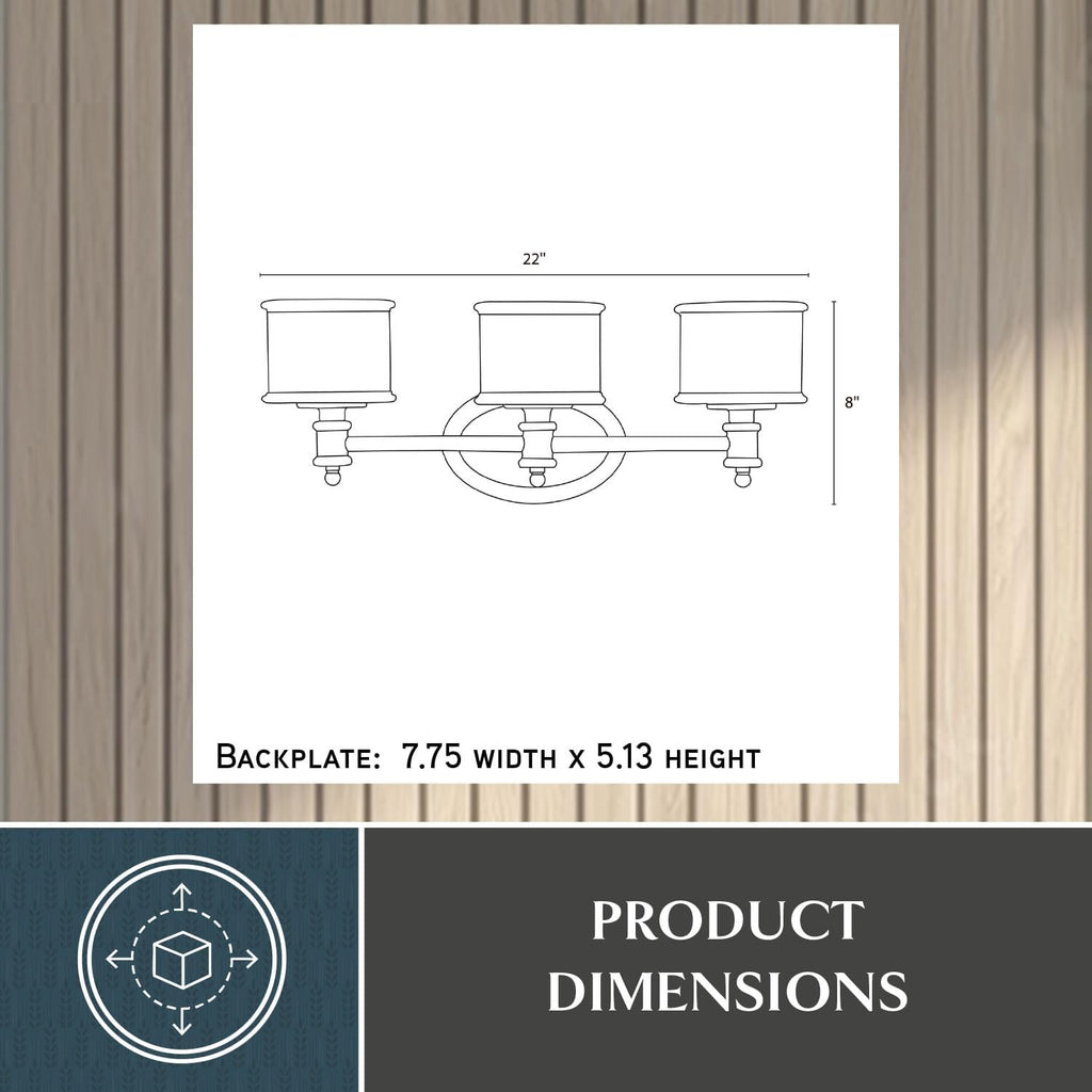 VAXCEL Carlisle 3-Light 22.25 inch Wide Chrome Transitional Bathroom Vanity Lighting Fixture, White Frosted Opal Glass Shade, Dimmable, LED Compatible, Reversible Over The Mirror Mounted Wall Sconce