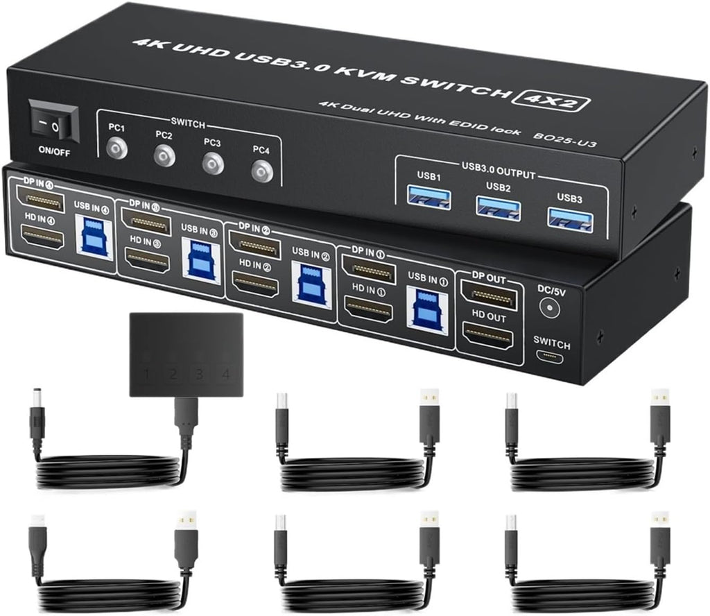 4K@60Hz USB 3.0 HDMI Displayport KVM Switcher HDMI 2.0 DP Extended Display Switch for 4 Computers Share 2 Monitors(EU Power Plug)