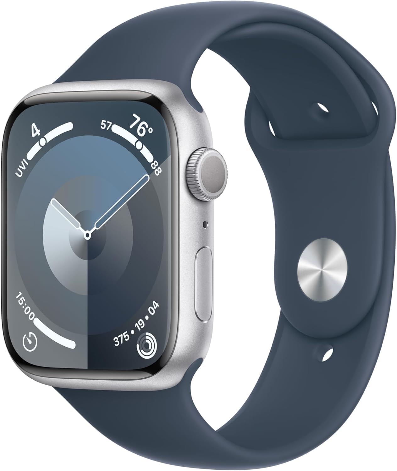 Apple Watch Series 9 [GPS 45mm] Silver Aluminum Case with Storm Blue Sport Band S/M (Renewed Premium)