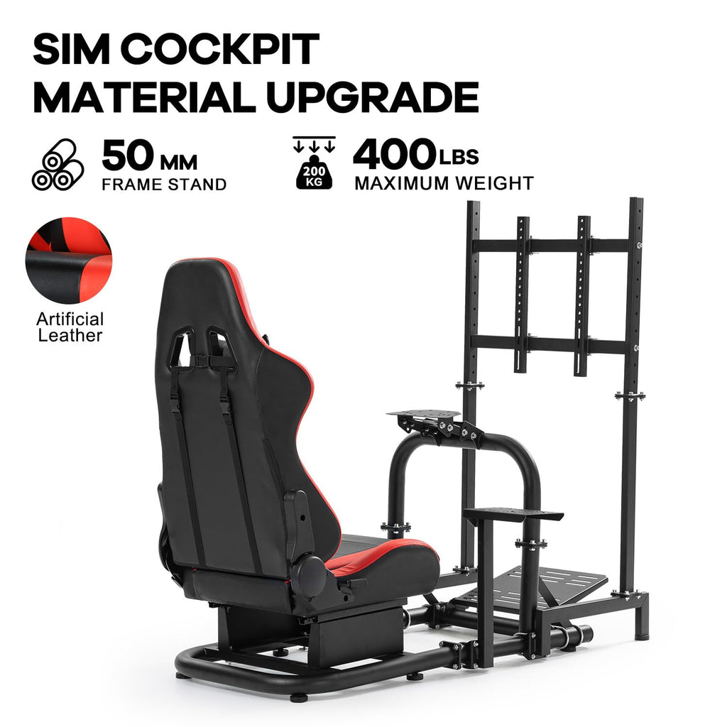 Anman Firm Racing Simulator Cockpit with Red Seat Fit for Logitech G27 G29 G920 G923, for Thrustmaster T300RS TX Motion Driving Wheel Stand Equipped with Display Stand,Shifter & Pedals Not Include