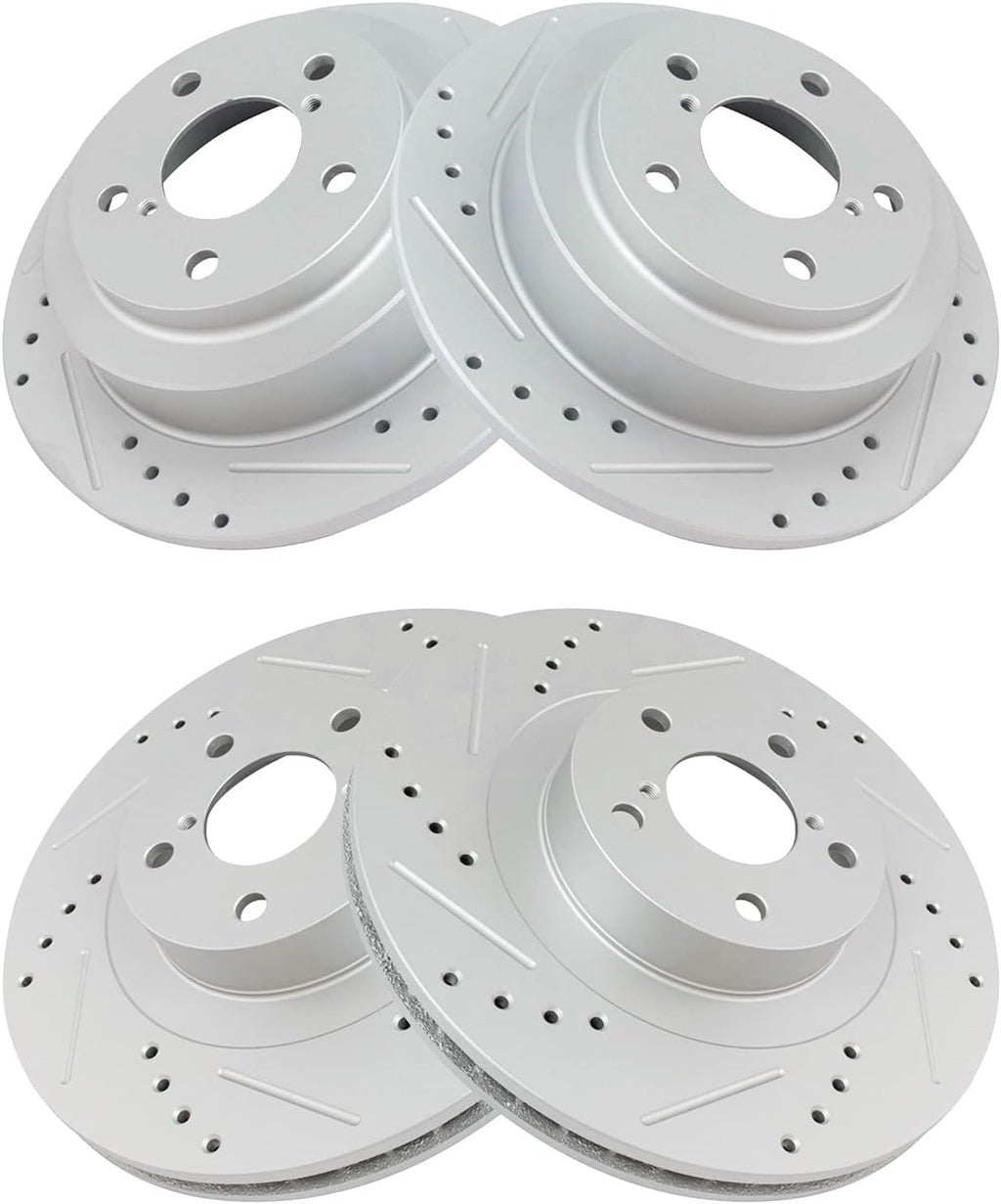 TRQ Performance Front and Rear Brake Rotor Set G Coated Drilled and Slotted Compatible with 2005-2006 Saab 9-2X 2003-2008 Subaru Forester 2002-2005 Impreza
