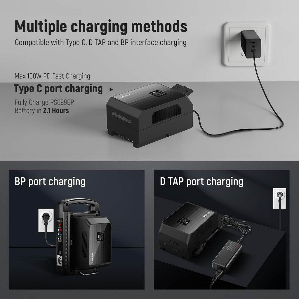 NEEWER Mini V Mount Battery PS099EP, 6800mAh 99Wh V Lock Battery with Two Way 100W PD Fast Charging, Dual USB C/D Tap/BP/USB A/Dual DC/OLED Screen for Camcorder Camera Monitor LED Video Light