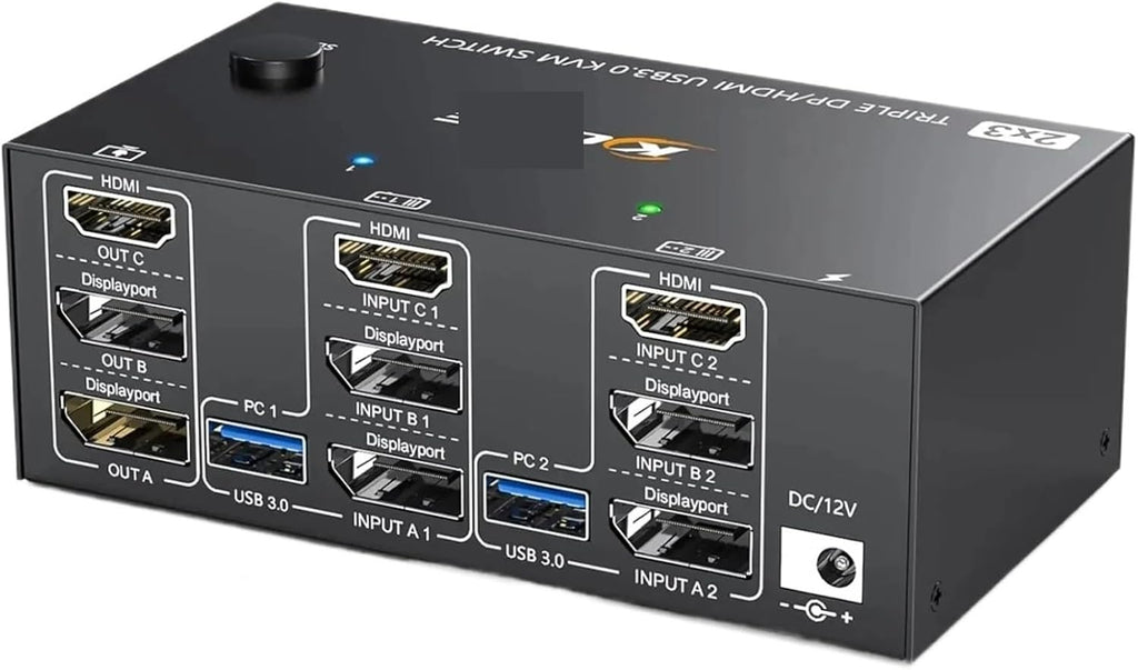 KVM Switch 3 Monitors 2 Computers,Triple Monitors KVM Switch DisplayPort HDMI 3 Ports 8K@60Hz 4K@144Hz Extended Display(203DH US Plug)