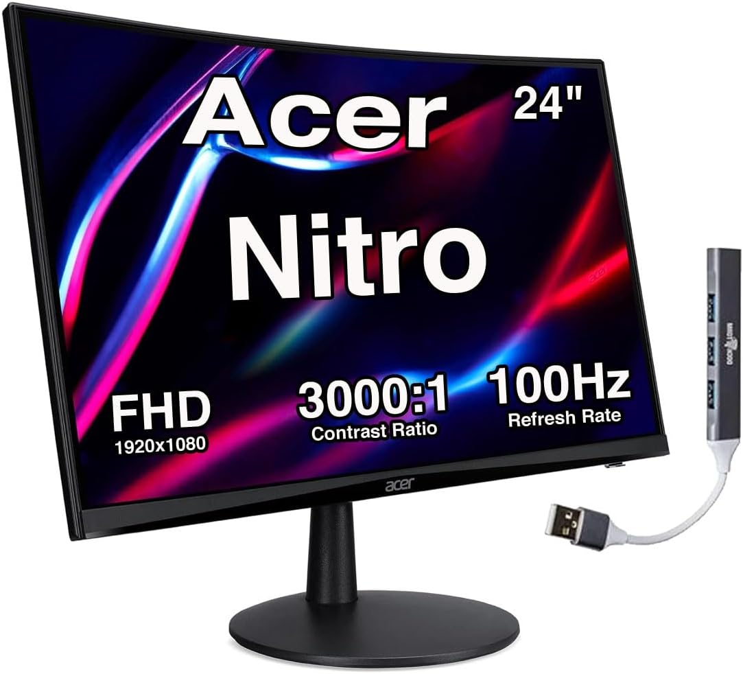 Acer Nitro ED240Q FreeSync FHD 1500R Curve Monitor ZeroFrame Design with 1ms Response Time, VESA Mount (100mm), VGA, HDMI & Dockztorm USB Port Expander, Black (UM.UE0AA.H01-2026 Latest Model)